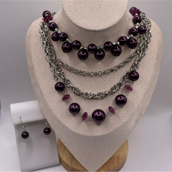 Paparazzi Women's Vintage Appraisal Purple Pearl Layering Necklace & Earring Set - Picture 12 of 12